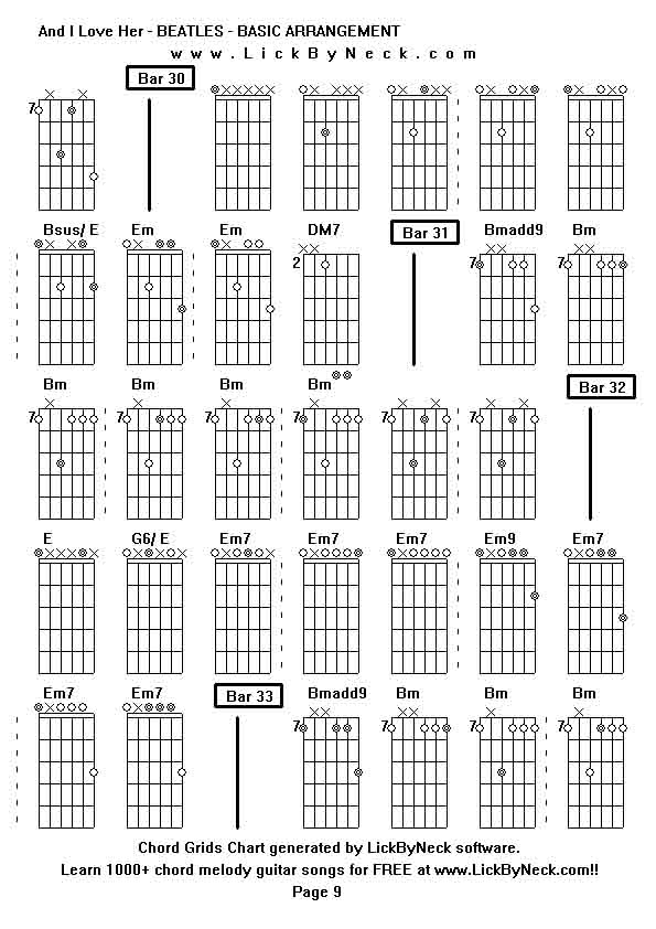 Chord Grids Chart of chord melody fingerstyle guitar song-And I Love Her - BEATLES - BASIC ARRANGEMENT,generated by LickByNeck software.